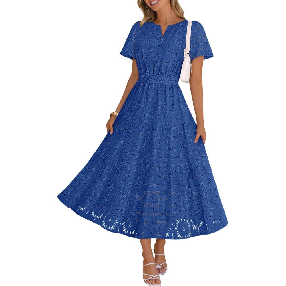 imageMEROKEETY Womens Summer Floral Maxi Dress 2026 Spring Boho Vacation Eyelet Lace Short Sleeve A Line Tiered Flowy DressesRoyal Blue