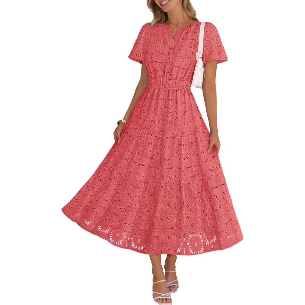 imageMEROKEETY Womens Summer Floral Maxi Dress 2026 Spring Boho Vacation Eyelet Lace Short Sleeve A Line Tiered Flowy DressesWatermelon