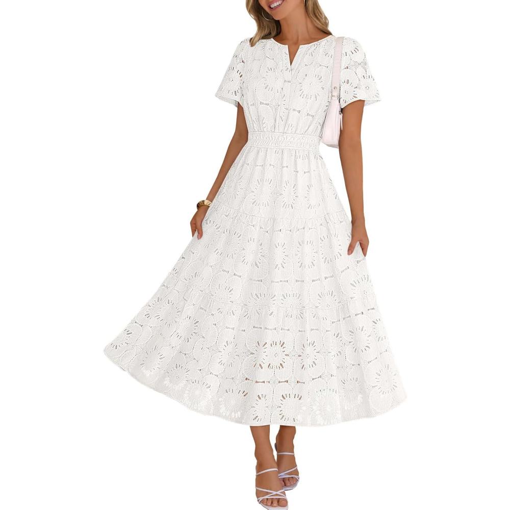 imageMEROKEETY Womens Summer Floral Maxi Dress 2026 Spring Boho Vacation Eyelet Lace Short Sleeve A Line Tiered Flowy DressesWhite