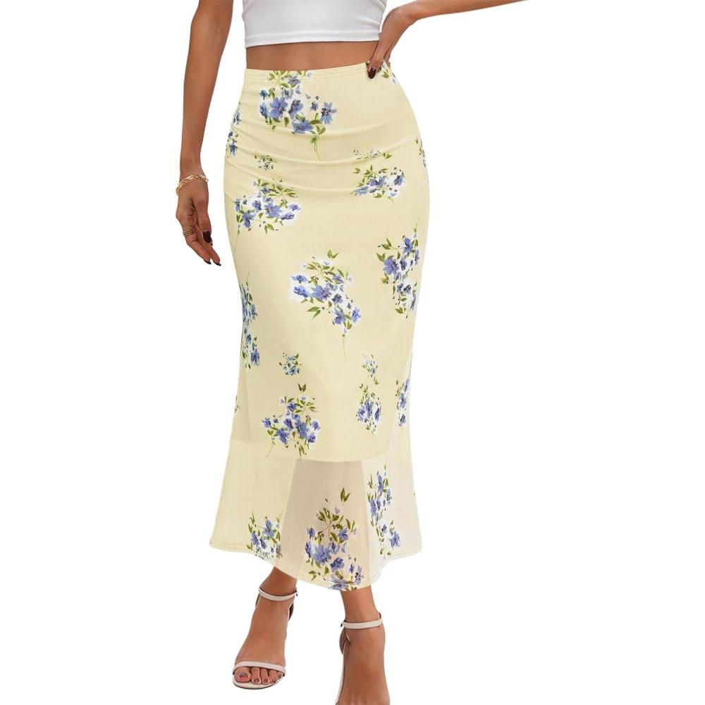 imageMEROKEETY Womens Summer Floral Mesh Midi Skirt 2026 Casual Trendy High Waist Ruched Boho SkirtsApricot