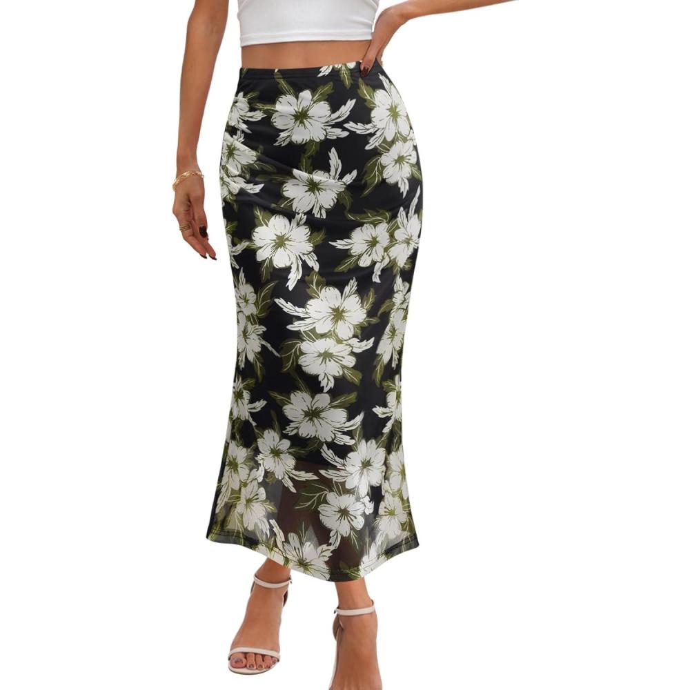 imageMEROKEETY Womens Summer Floral Mesh Midi Skirt 2026 Casual Trendy High Waist Ruched Boho SkirtsBlack