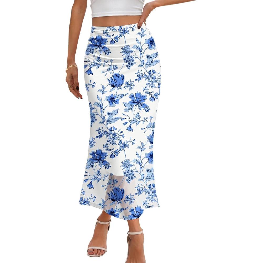 imageMEROKEETY Womens Summer Floral Mesh Midi Skirt 2026 Casual Trendy High Waist Ruched Boho SkirtsBlue