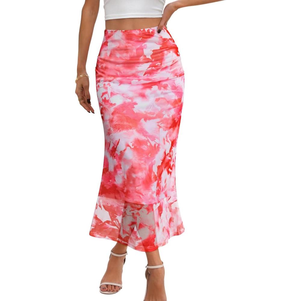 imageMEROKEETY Womens Summer Floral Mesh Midi Skirt 2026 Casual Trendy High Waist Ruched Boho SkirtsLight Orange