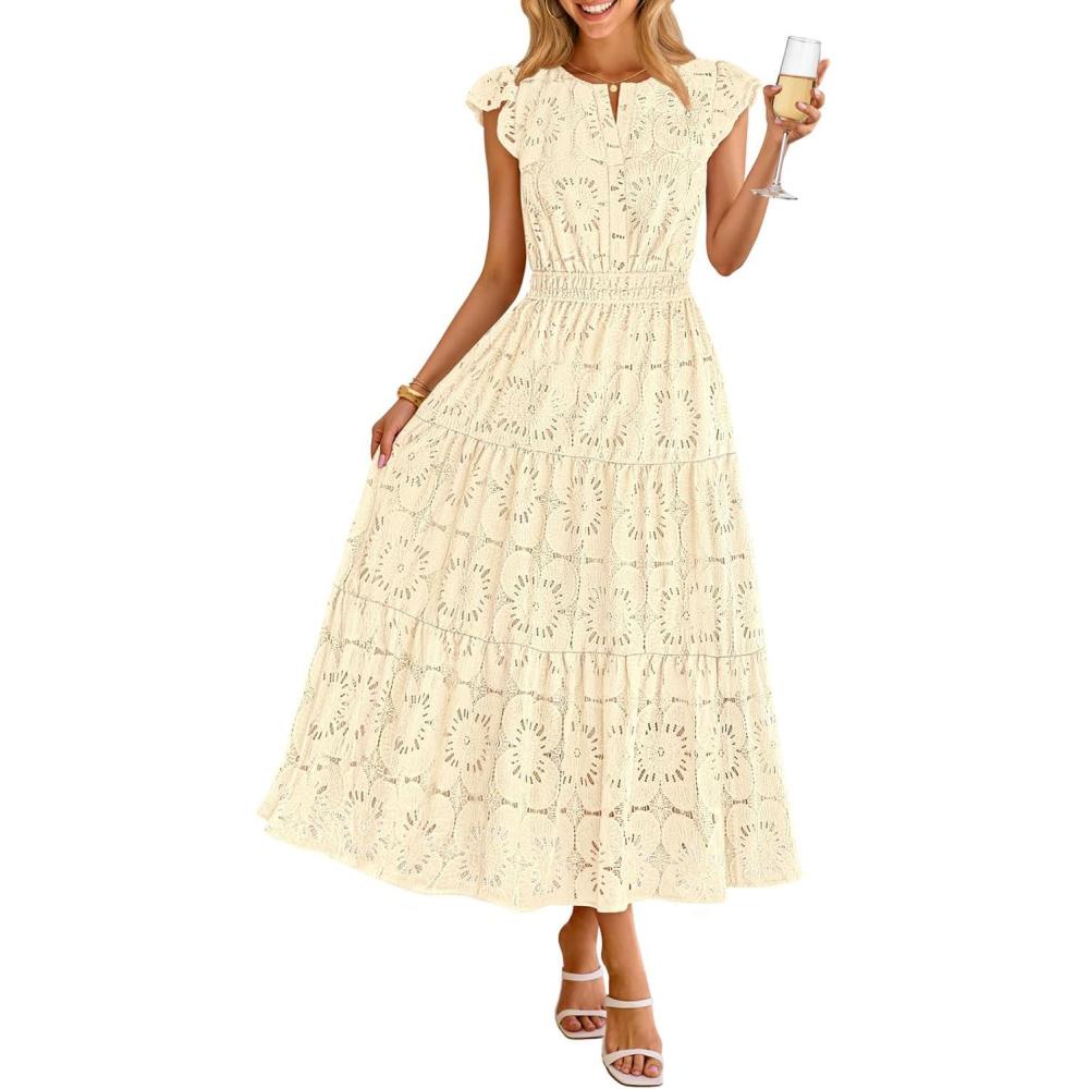 imageMEROKEETY Womens Summer Lace Eyelet Maxi Dress 2026 Spring Casual Boho Flutter Sleeve Tiered Flowy Beach Vacation DressesBeige