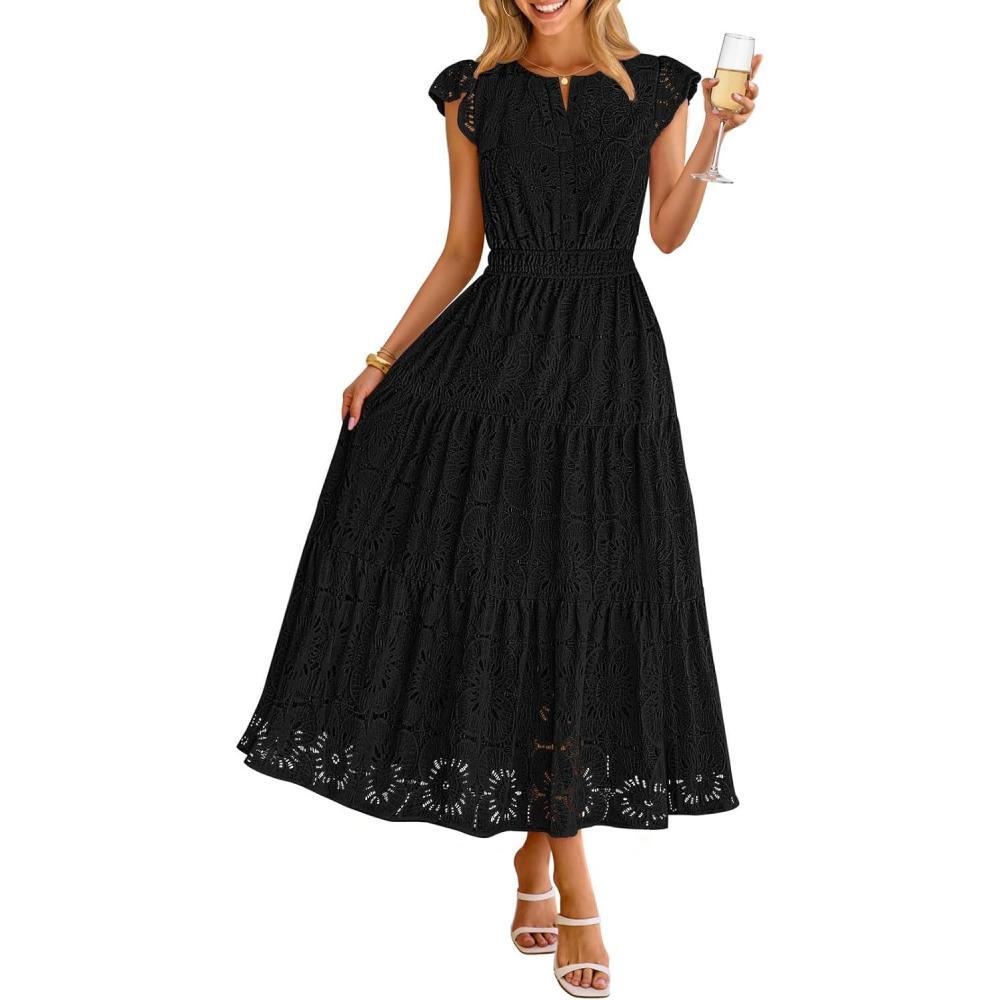 imageMEROKEETY Womens Summer Lace Eyelet Maxi Dress 2026 Spring Casual Boho Flutter Sleeve Tiered Flowy Beach Vacation DressesBlack