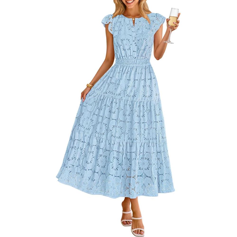 imageMEROKEETY Womens Summer Lace Eyelet Maxi Dress 2026 Spring Casual Boho Flutter Sleeve Tiered Flowy Beach Vacation DressesBlue
