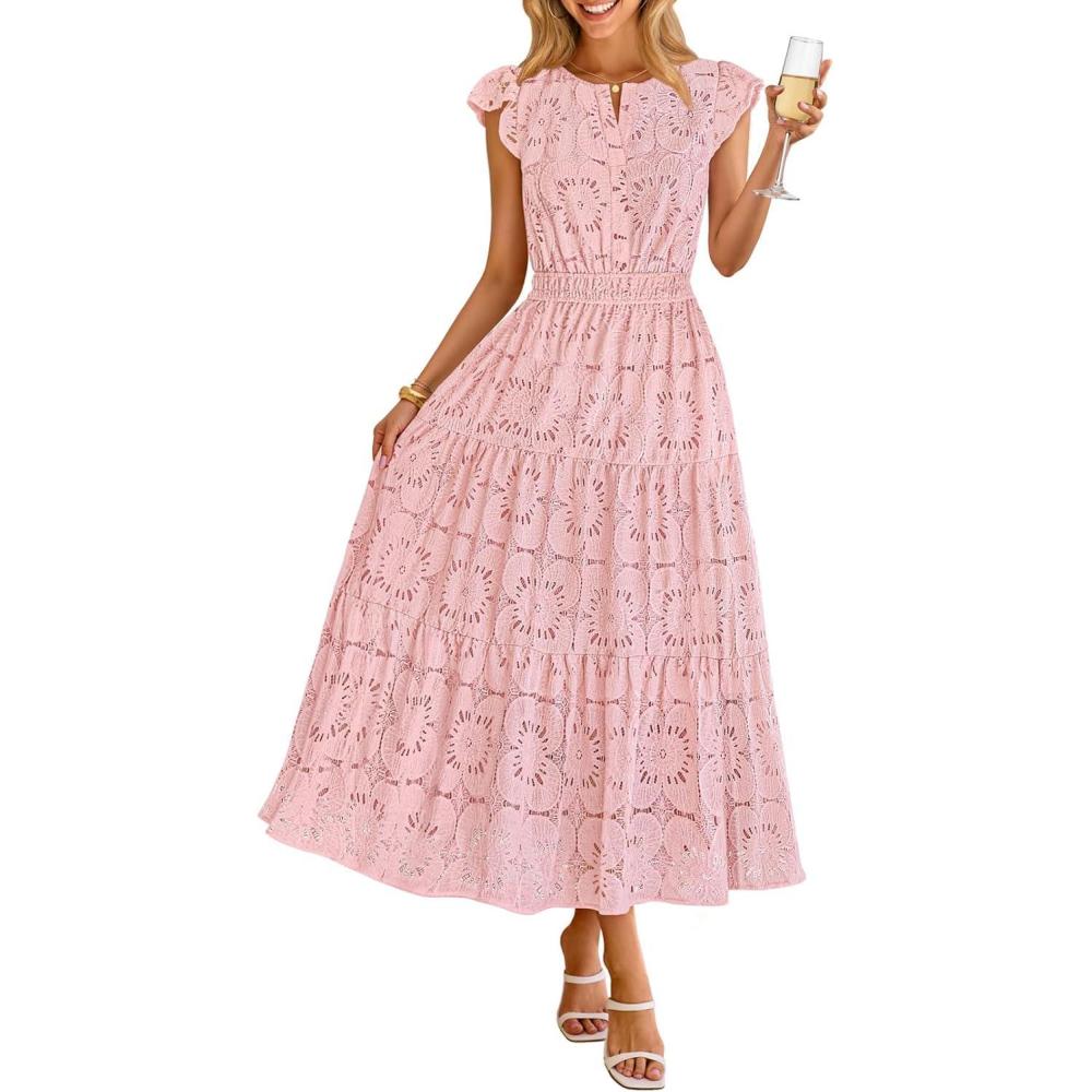 imageMEROKEETY Womens Summer Lace Eyelet Maxi Dress 2026 Spring Casual Boho Flutter Sleeve Tiered Flowy Beach Vacation DressesPink
