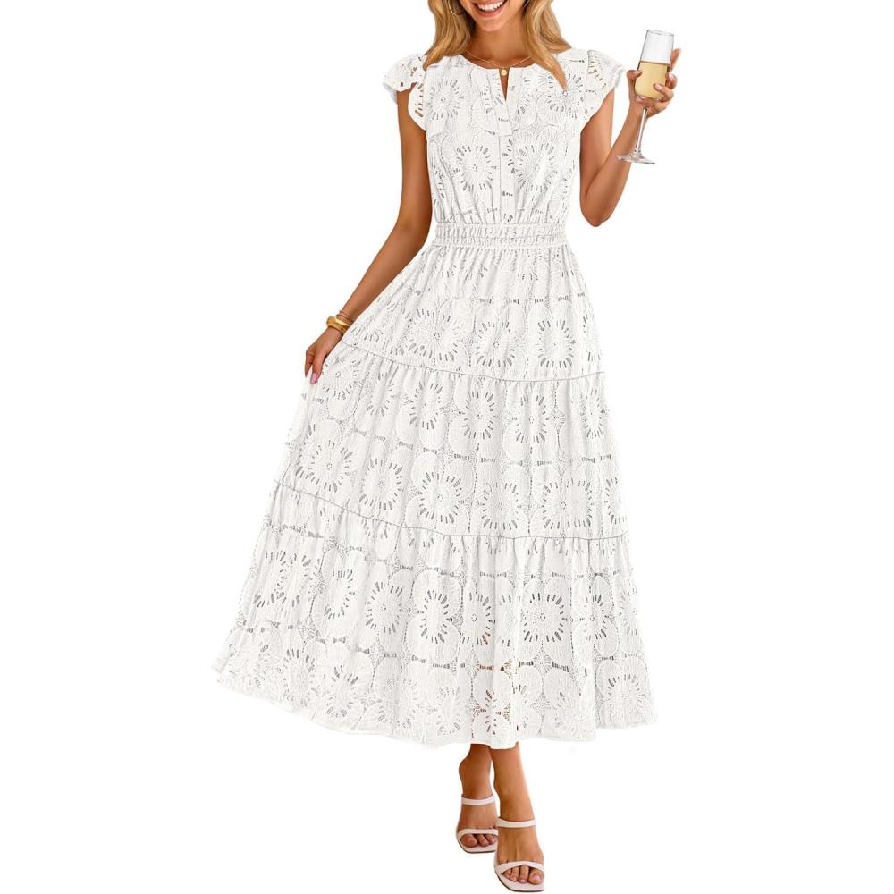 imageMEROKEETY Womens Summer Lace Eyelet Maxi Dress 2026 Spring Casual Boho Flutter Sleeve Tiered Flowy Beach Vacation DressesWhite