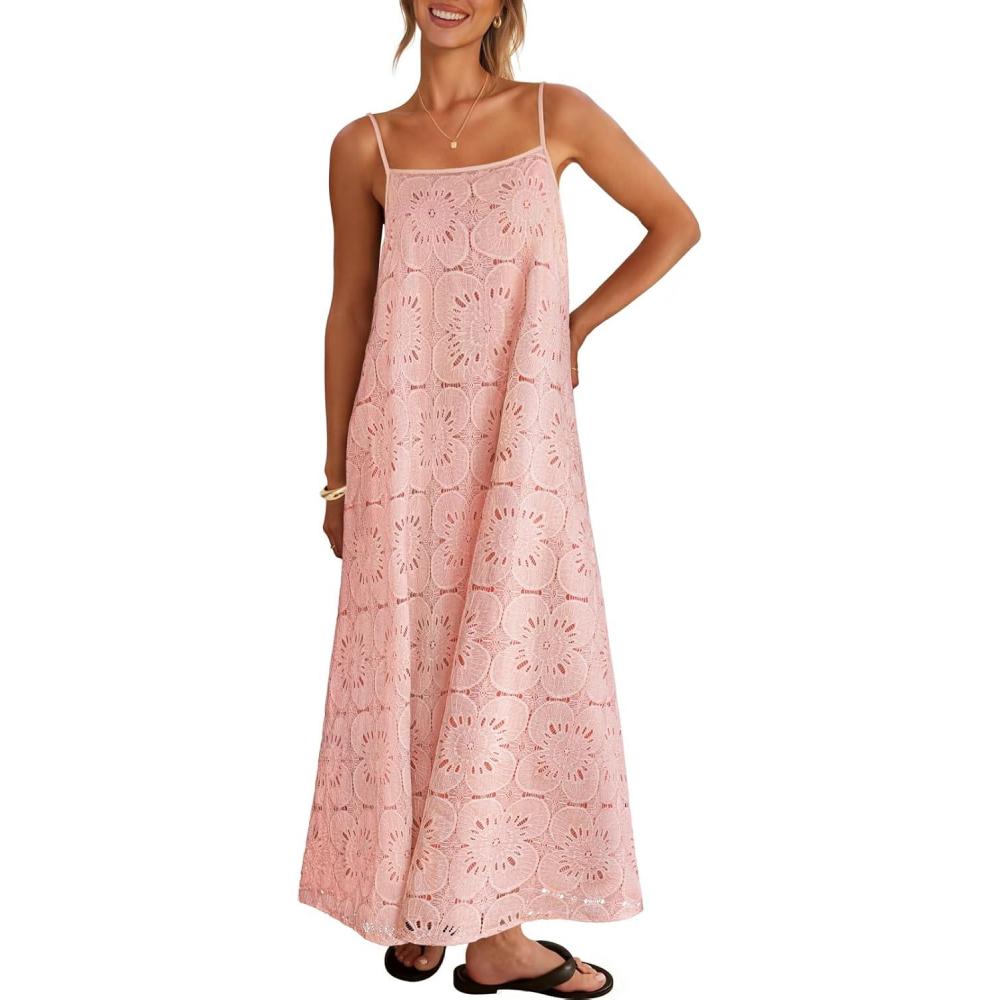 imageMEROKEETY Womens Summer Spaghetti Straps Sundress 2026 Casual Sleeveless Floral Lace Eyelet Boho Beach Maxi DressPink