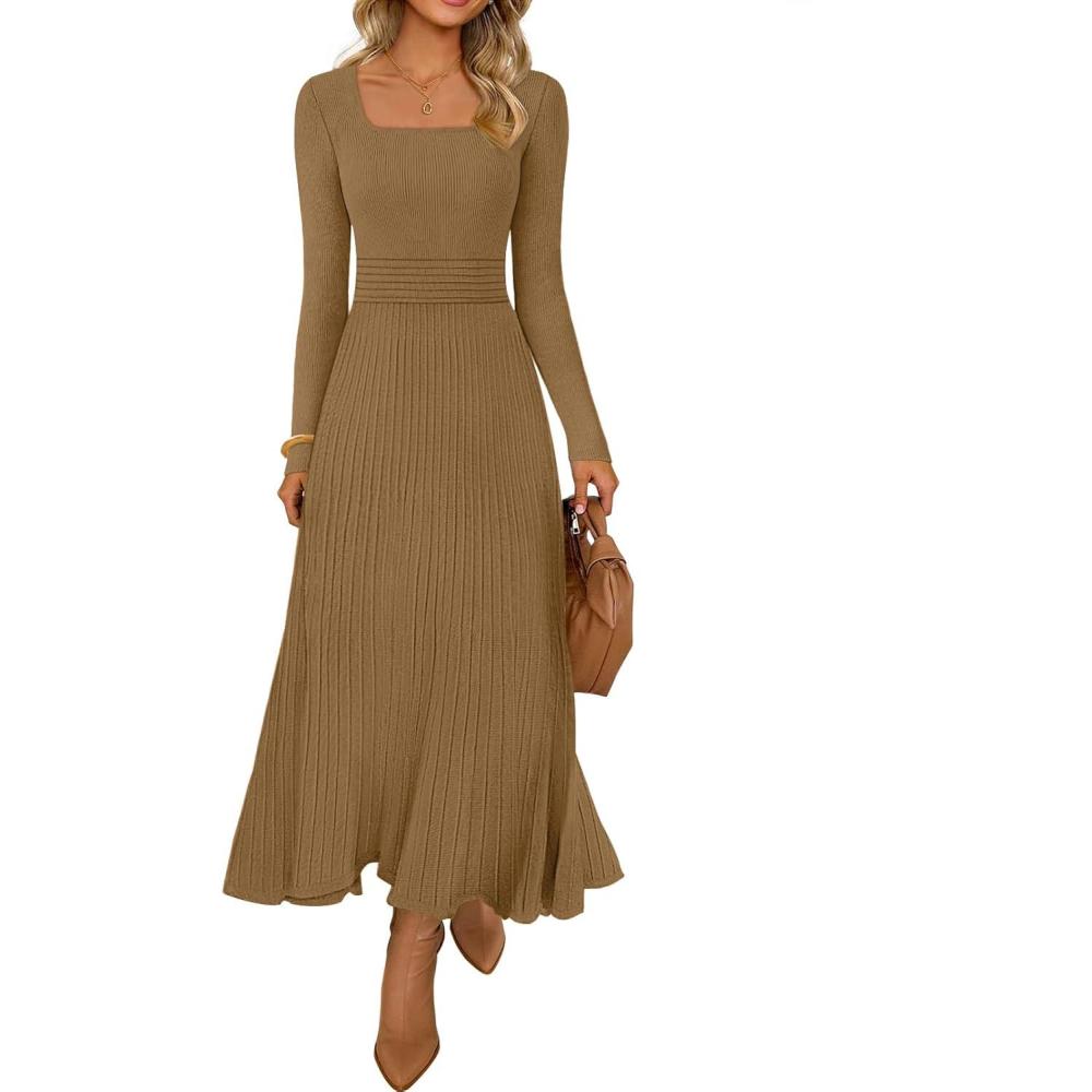 imageMEROKEETY Womens Sweater Dress 2025 Fall Winter Casual Long Sleeve Square Neck Pleated Church Work Knit Midi DressesCamel