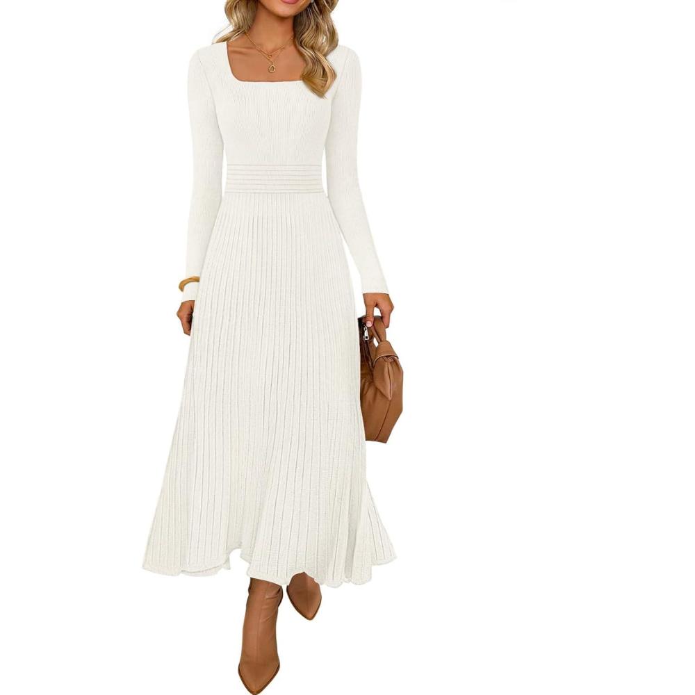 imageMEROKEETY Womens Sweater Dress 2025 Fall Winter Casual Long Sleeve Square Neck Pleated Church Work Knit Midi DressesWhite