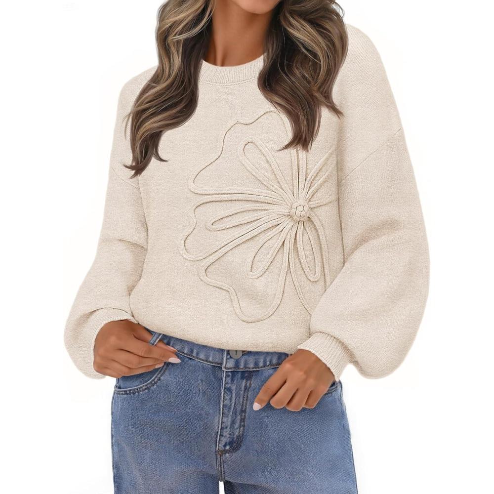imageMEROKEETY Womens Winter Floral Sweater Crew Neck Lantern Sleeve 2025 Fall Trendy Warm Chunky Oversized Pullover TopsApricot