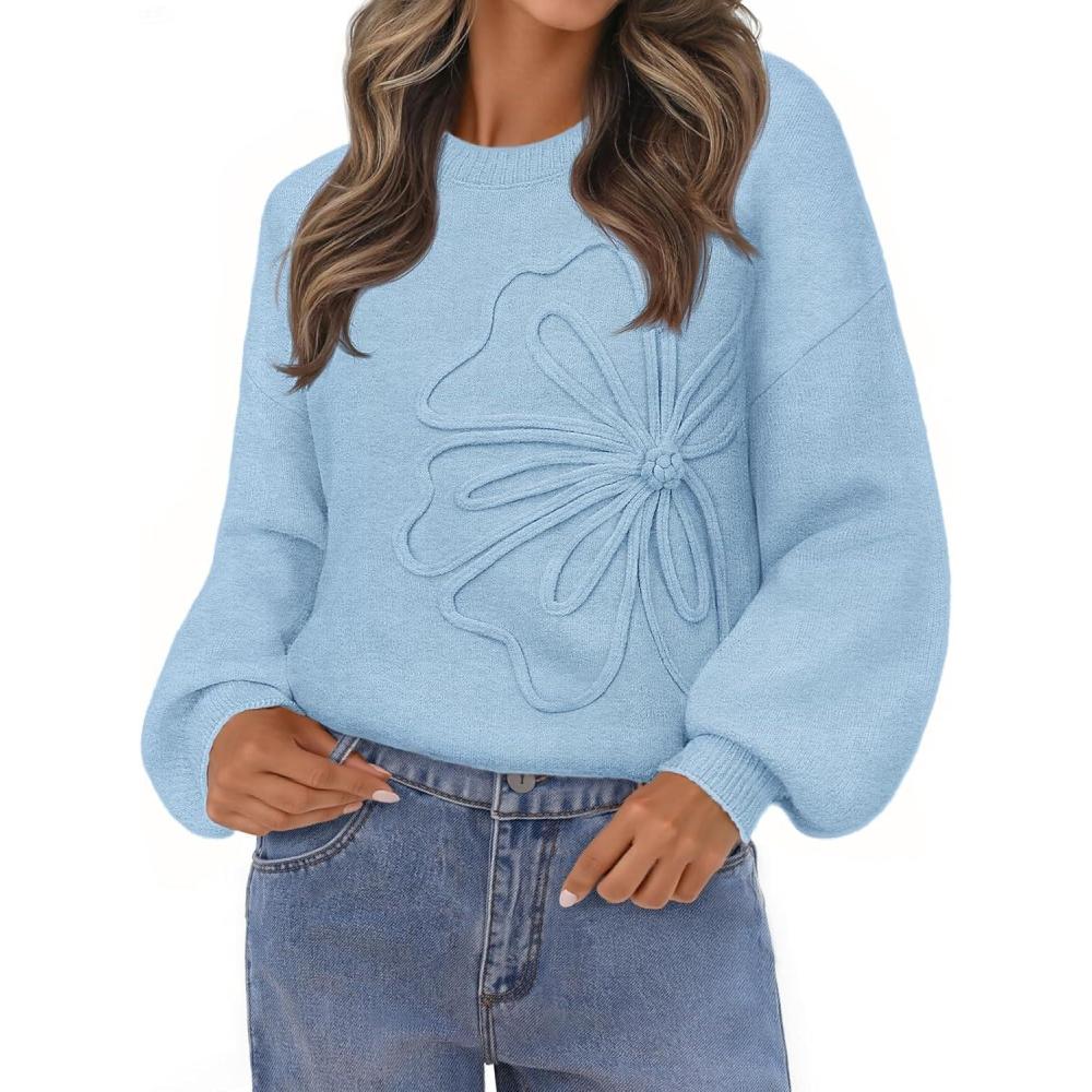 imageMEROKEETY Womens Winter Floral Sweater Crew Neck Lantern Sleeve 2025 Fall Trendy Warm Chunky Oversized Pullover TopsBlue