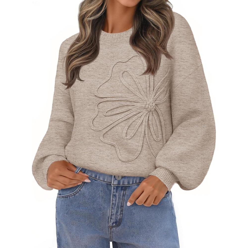 imageMEROKEETY Womens Winter Floral Sweater Crew Neck Lantern Sleeve 2025 Fall Trendy Warm Chunky Oversized Pullover TopsCashmere