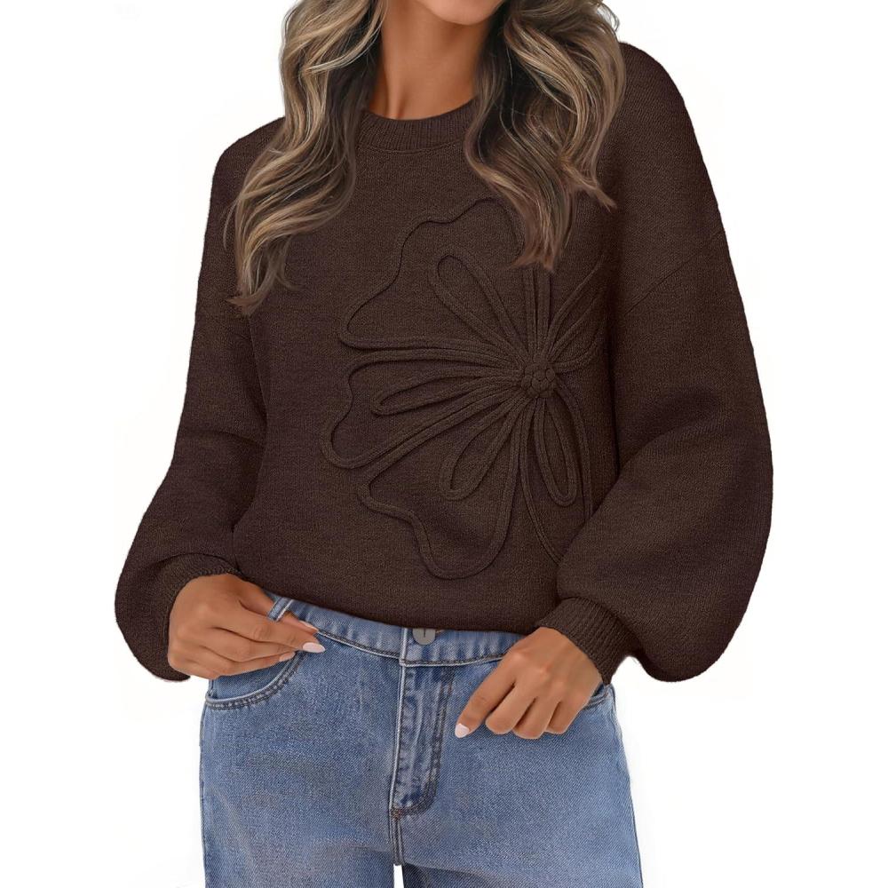 imageMEROKEETY Womens Winter Floral Sweater Crew Neck Lantern Sleeve 2025 Fall Trendy Warm Chunky Oversized Pullover TopsCoffee