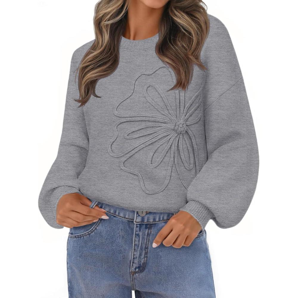 imageMEROKEETY Womens Winter Floral Sweater Crew Neck Lantern Sleeve 2025 Fall Trendy Warm Chunky Oversized Pullover TopsGrey
