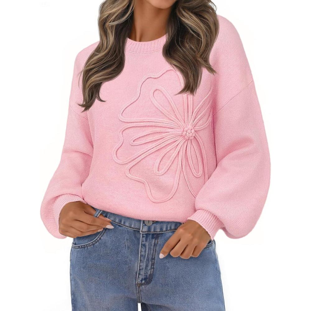 imageMEROKEETY Womens Winter Floral Sweater Crew Neck Lantern Sleeve 2025 Fall Trendy Warm Chunky Oversized Pullover TopsPink