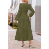 MEROKEETY Winter Spring Midi Dresses for Women 2026 Casual Vacation Long Sleeve V Neck Tiered Cotton Maxi Dress Pockets(Armygreen)