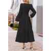 MEROKEETY Winter Spring Midi Dresses for Women 2026 Casual Vacation Long Sleeve V Neck Tiered Cotton Maxi Dress Pockets(Black)
