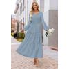 MEROKEETY Winter Spring Midi Dresses for Women 2026 Casual Vacation Long Sleeve V Neck Tiered Cotton Maxi Dress Pockets(Dustyblue)