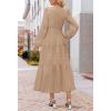 MEROKEETY Winter Spring Midi Dresses for Women 2026 Casual Vacation Long Sleeve V Neck Tiered Cotton Maxi Dress Pockets(Khaki)