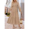 MEROKEETY Winter Spring Midi Dresses for Women 2026 Casual Vacation Long Sleeve V Neck Tiered Cotton Maxi Dress Pockets(Khaki)