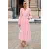 MEROKEETY Winter Spring Midi Dresses for Women 2026 Casual Vacation Long Sleeve V Neck Tiered Cotton Maxi Dress Pockets(Pink)