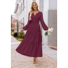 MEROKEETY Winter Spring Midi Dresses for Women 2026 Casual Vacation Long Sleeve V Neck Tiered Cotton Maxi Dress Pockets(Wine)