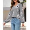MEROKEETY Women’s 2025 Fall Long Sleeve Sweater V Neck Winter Tops Casual Lightweight Knit Pullover Shirts(Flower Gray)