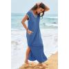 MEROKEETY Women’s 2025 Spring Summer Maxi Dress Casual V Neck Split Beach Vacation Loose Long Dresses(Darkblue)