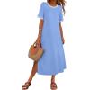 MEROKEETY Women’s 2025 Summer Casual Maxi Dress Spring Beach Vacation Short Sleeve Crewneck Split Midi T Shirt Dresses(Blue)