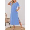 MEROKEETY Women’s 2025 Summer Casual Maxi Dress Spring Beach Vacation Short Sleeve Crewneck Split Midi T Shirt Dresses(Blue)