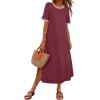 MEROKEETY Women’s 2025 Summer Casual Maxi Dress Spring Beach Vacation Short Sleeve Crewneck Split Midi T Shirt Dresses(Wine)