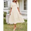 MEROKEETY Women’s 2025 Summer Puff Sleeve Smocked Floral Dress Crewneck Lace Flowy Tiered Midi Dresses(Beige)