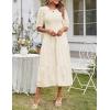 MEROKEETY Women’s 2025 Summer Puff Sleeve Smocked Floral Dress Crewneck Lace Flowy Tiered Midi Dresses(Beige)