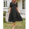MEROKEETY Women’s 2025 Summer Puff Sleeve Smocked Floral Dress Crewneck Lace Flowy Tiered Midi Dresses(Black)
