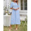 MEROKEETY Women’s 2025 Summer Puff Sleeve Smocked Floral Dress Crewneck Lace Flowy Tiered Midi Dresses(Light Blue)
