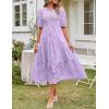 MEROKEETY Women’s 2025 Summer Puff Sleeve Smocked Floral Dress Crewneck Lace Flowy Tiered Midi Dresses(Light Purple)