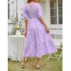 MEROKEETY Women’s 2025 Summer Puff Sleeve Smocked Floral Dress Crewneck Lace Flowy Tiered Midi Dresses(Light Purple)