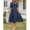 MEROKEETY Women’s 2025 Summer Puff Sleeve Smocked Floral Dress Crewneck Lace Flowy Tiered Midi Dresses(Navy)