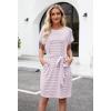 MEROKEETY Women’s 2026 Summer Casual Dress Short Sleeve Crewneck Striped Tie Waist Work Trendy T Shirt Dresses(Dusty Pink)