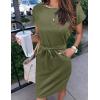 MEROKEETY Women’s 2026 Summer Casual Dress Short Sleeve Crewneck Striped Tie Waist Work Trendy T Shirt Dresses(Solid Green)