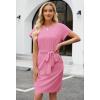 MEROKEETY Women’s 2026 Summer Casual Dress Short Sleeve Crewneck Striped Tie Waist Work Trendy T Shirt Dresses(Solid Pink)