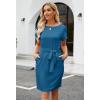 MEROKEETY Women’s 2026 Summer Casual Dress Short Sleeve Crewneck Striped Tie Waist Work Trendy T Shirt Dresses(Solid Teal)