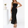 MEROKEETY Women’s 2026 Summer Floral Strapless Dress Bodycon Tube Slit Mesh Wedding Guest Cocktail Party Maxi Dresses(Black)