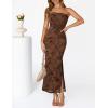 MEROKEETY Women’s 2026 Summer Floral Strapless Dress Bodycon Tube Slit Mesh Wedding Guest Cocktail Party Maxi Dresses(Brown)
