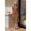 MEROKEETY Women’s 2026 Summer V Neck Ribbed Midi Dress Short Sleeve Button Elegant Bodycon Knit Sweater Dresses(Coffee)