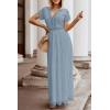 MEROKEETY Women’s 2026 V Neck Short Sleeve Floral Lace Wedding Dress A Line Boho Bridesmaid Cocktail Party Maxi Dress(Gray Blue)