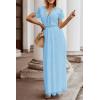 MEROKEETY Women’s 2026 V Neck Short Sleeve Floral Lace Wedding Dress A Line Boho Bridesmaid Cocktail Party Maxi Dress(Light Blue)