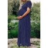 MEROKEETY Women’s 2026 V Neck Short Sleeve Floral Lace Wedding Dress A Line Boho Bridesmaid Cocktail Party Maxi Dress(Navy)
